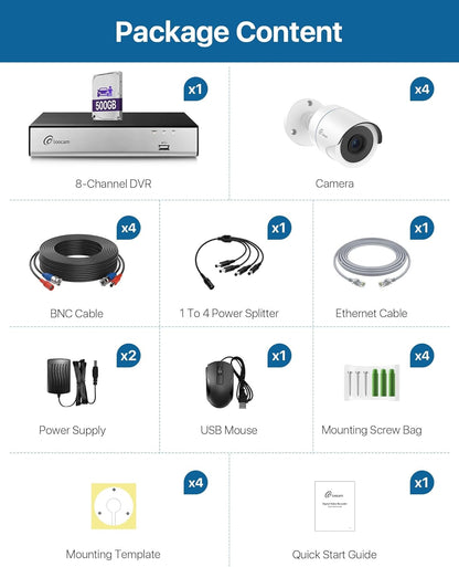 Loocam 8CH 1080P CCTV-CameraSysteem Met AI-Mens-en Voertuigdetectie, 5MP H.265+ DVR Met 500G SSD En 4 Stuks 2MP Beveiligingscamera's Binnen-en Buiten, Nachtzicht, Extern Toegang