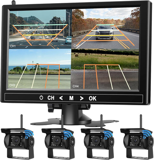 Draadloze 4 HD-Achteruitrijcameraset met 9’’ Ips-Schermmonitor voor Voertuigen met Splitscreen BSD Nachtzicht Ip68 Waterdicht 12-36 V, Geschikt voor Vrachtwagens/Bussen/Bestelwagens en Alle Modellen