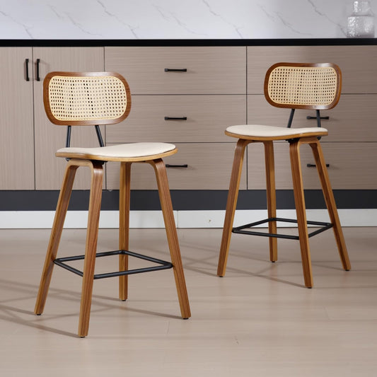 chairus Bar Stools, Set of 2 PU Leather Counter Bar Chairs, Wooden Breakfast, High Stool for Kitchen with Rattan Backrest (Beige) - QUORE