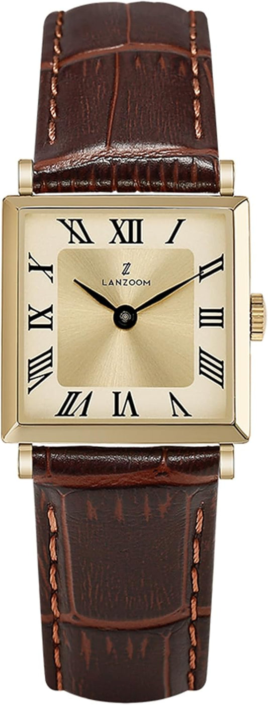 LANZOOM Gouden vintage dameshorloge, 316L roestvrij stalen kast, Romeinse cijfers vierkante wijzerplaat, bruine lederen band, Bruin, Retro