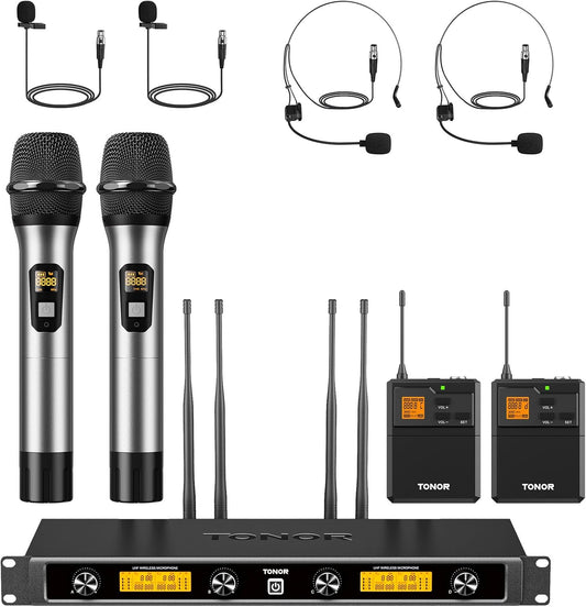 TONOR UHF Draadloze Microfoon Systeem met Draadloze Handheld/Headset/Lavalier Revers Mics, Bodypack Zender, Metalen Ontvanger, 4 * 5 Kanalen 90M Bereik voor Zingen Karaoke Kerk Party DJ PA Speaker