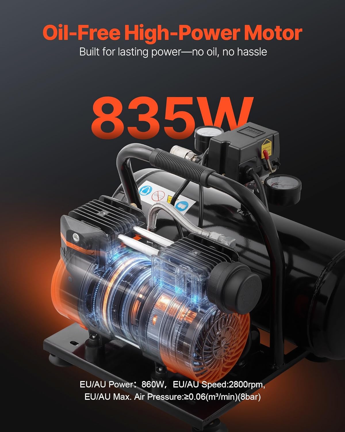 VEVOR Luchtcompressor, 8 l ketel, olievrije persluchtcompressor 860 W, 2,5 CFM, max. 120 PSI druk, 81 dB ultralichte compressor, fluistercompressor voor autoreparatie, bandenvulling, spuitlak
