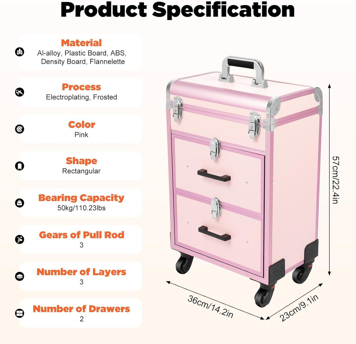 OUKANING Cosmetic Case Trolley 40 Compartments + 2 Drawers 50 kg Load Capacity 4 Universal Wheels & Locks for Make-Up Hairdressing Supplies Low Noise, pink, modern - QUORE