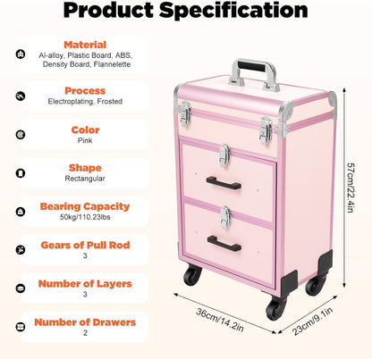 OUKANING Cosmetic Case Trolley 40 Compartments + 2 Drawers 50 kg Load Capacity 4 Universal Wheels & Locks for Make-Up Hairdressing Supplies Low Noise, pink, modern - QUORE