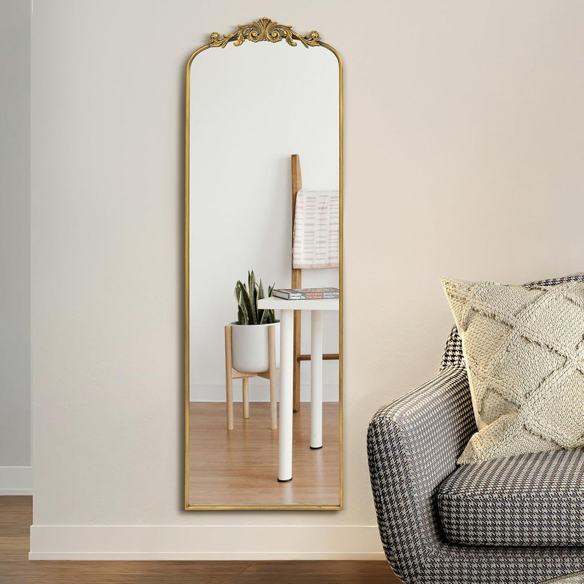 Vintage Staande Spiegel – Volledige Lengte Spiegel – Staande Spiegel – Vloerspiegel – Wandspiegel – Met Versierde Harsapplicatie – 147 x 44 cm – Gehard Glas – Vrijstaand & Leunbaar