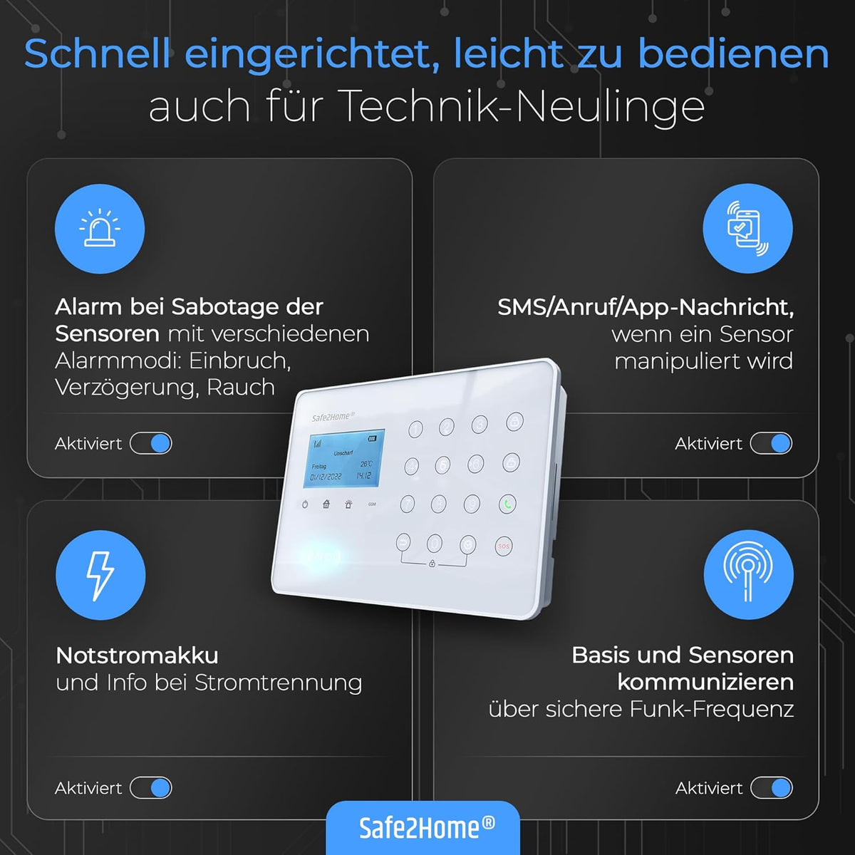 Safe2Home Draadloze alarmsystemen, grote set SP110, Sabotabescherming, sirene, Duits - alarmsysteem, SMS-alarmering, alarmsystemen voor thuis en kantoor