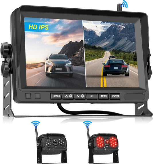Hodozzy Achteruitrijcameraset, 2 camera's, digitaal, draadloos, 7 inch IPS-beeldscherm, monitor, waterdicht, infrarood, led-nachtzicht, dubbele achteruitrijcamera, draadloze ondersteuning, lusopname,