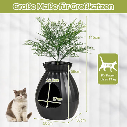 FANTASK Kattenbak, 50 x 50 x 59 cm, kattenbak met elektronisch geurverwijderingssysteem, bloempotstijl met kunstplant en kiezelstenen, zwarte kattenbak