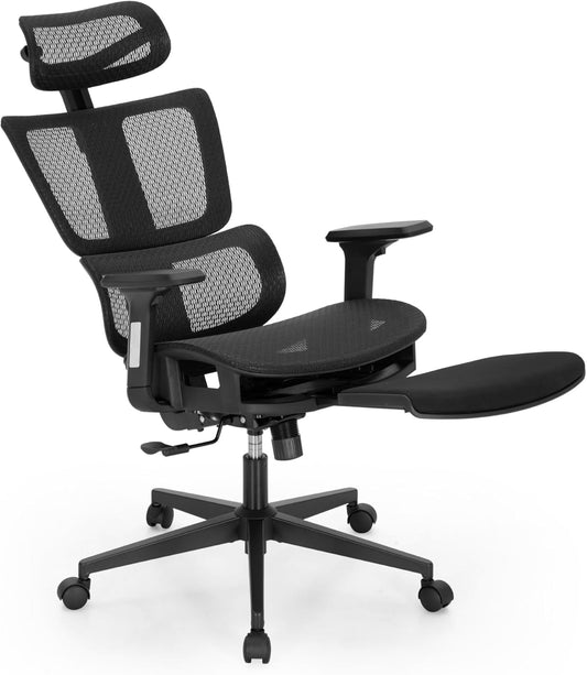 ALPHA HOME Office Chair Ergonomic Office Chair with Retractable Footrest High Back Manager Chair Computer Home Office Chair 90-130° Tilt Angle with 3D Armrest, Adjustable Headrest, Lumbar Support