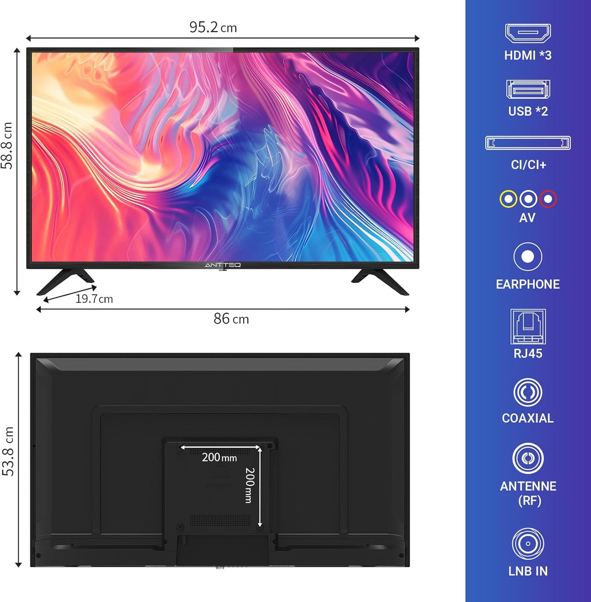 Antteq G42 TV 42 inch Google TV 1080FHD, Triple Tuner (DVB-C/S2/T2), drievoudige geluidsreductie, hotelmodel, model 2025