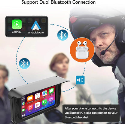 ydi Waterdichte motorfiets dashcam met draadloze CarPlay & Android Auto, 5" IPS-aanraakscherm, camera voor en achter, HD 1080P, TPMS, Bluetooth, Wi-Fi, GPS, max. 256 GB