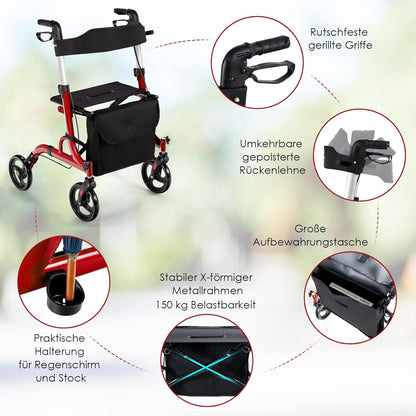 FANTASK Rollator opvouwbaar en licht met zitting, 2-in-1 ruststoel & reisrollator, loophulp 6-voudig in hoogte verstelbaar