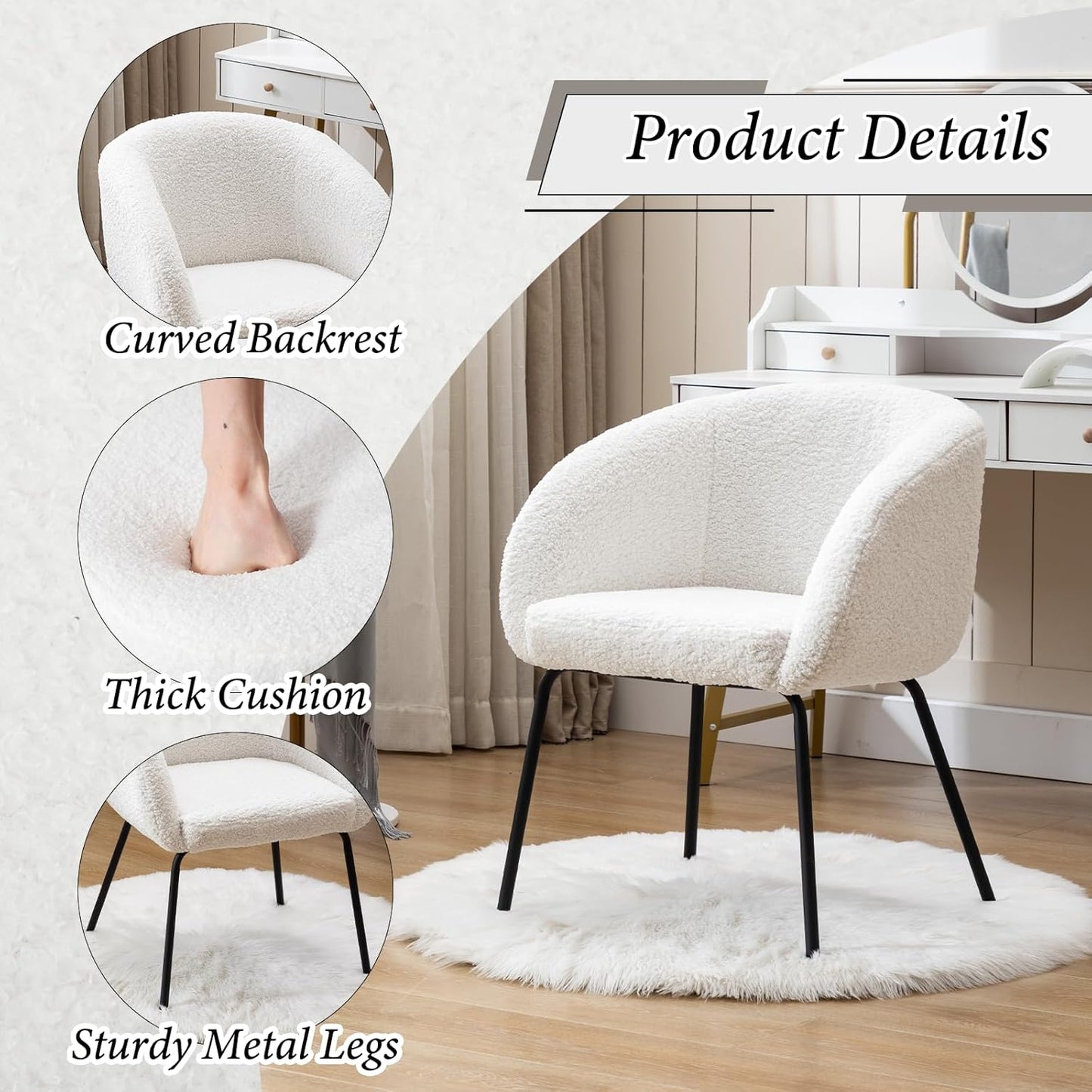 chairus Soft Faux Fur Lounge Accent Chair Upholstered Tub Chair with Metal Legs Armchair for Vanity/Bedroom, White