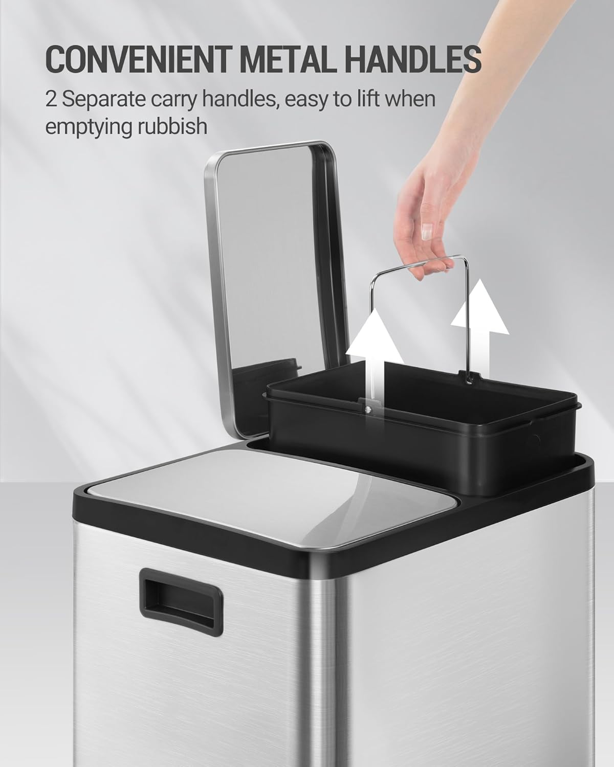 Hzuaneri Trash Bin, Kitchen Pedal Bin (2 x 15 L), Stainless Steel Waste Sorting System with Coloured Pedal, Removable Inner, Suitable for Kitchens, Silent Slow Closure of Lid, Silver
