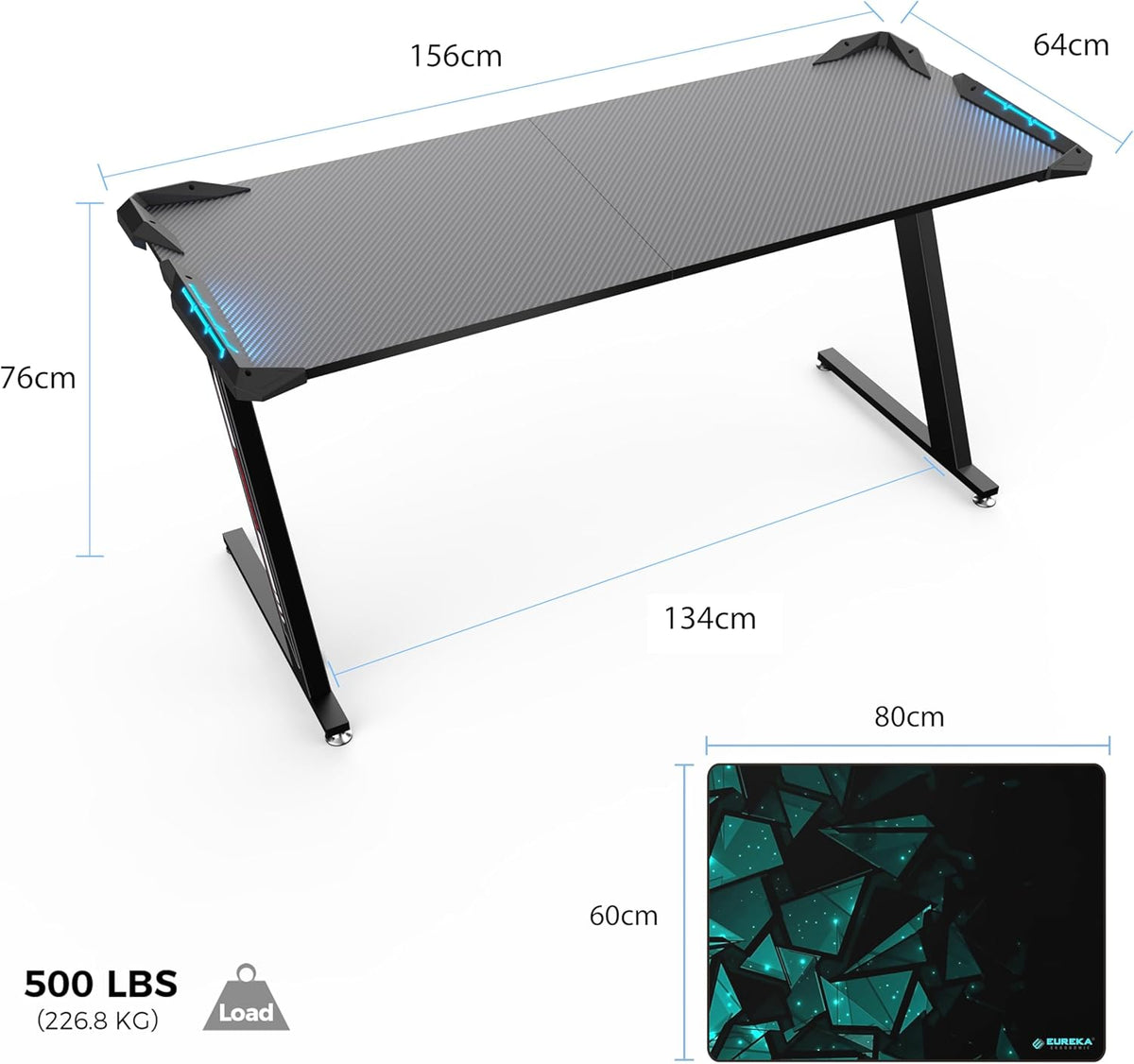 Eureka Ergonomic Gamingtafel, 153 × 60 cm, groot gamingbureau, tafel met ledverlichting, gamer, pc-tafel, desktop op koolstofvezel, gaming computertafel