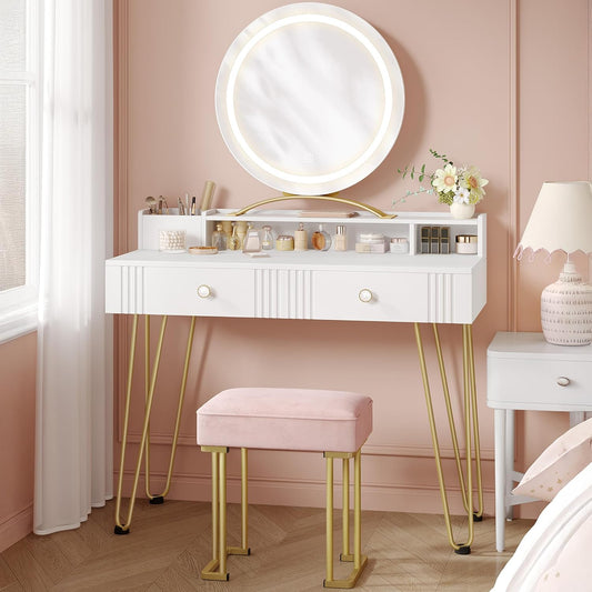 Hzuaneri Dressing Table with Stool and Lighting,Dressing Table with Mirror,40×90×140CM,Dressing Table with Drawers,Pink Upholstered Stool,Bedroom,Modern,Matte White and Gold,DT42403XEU