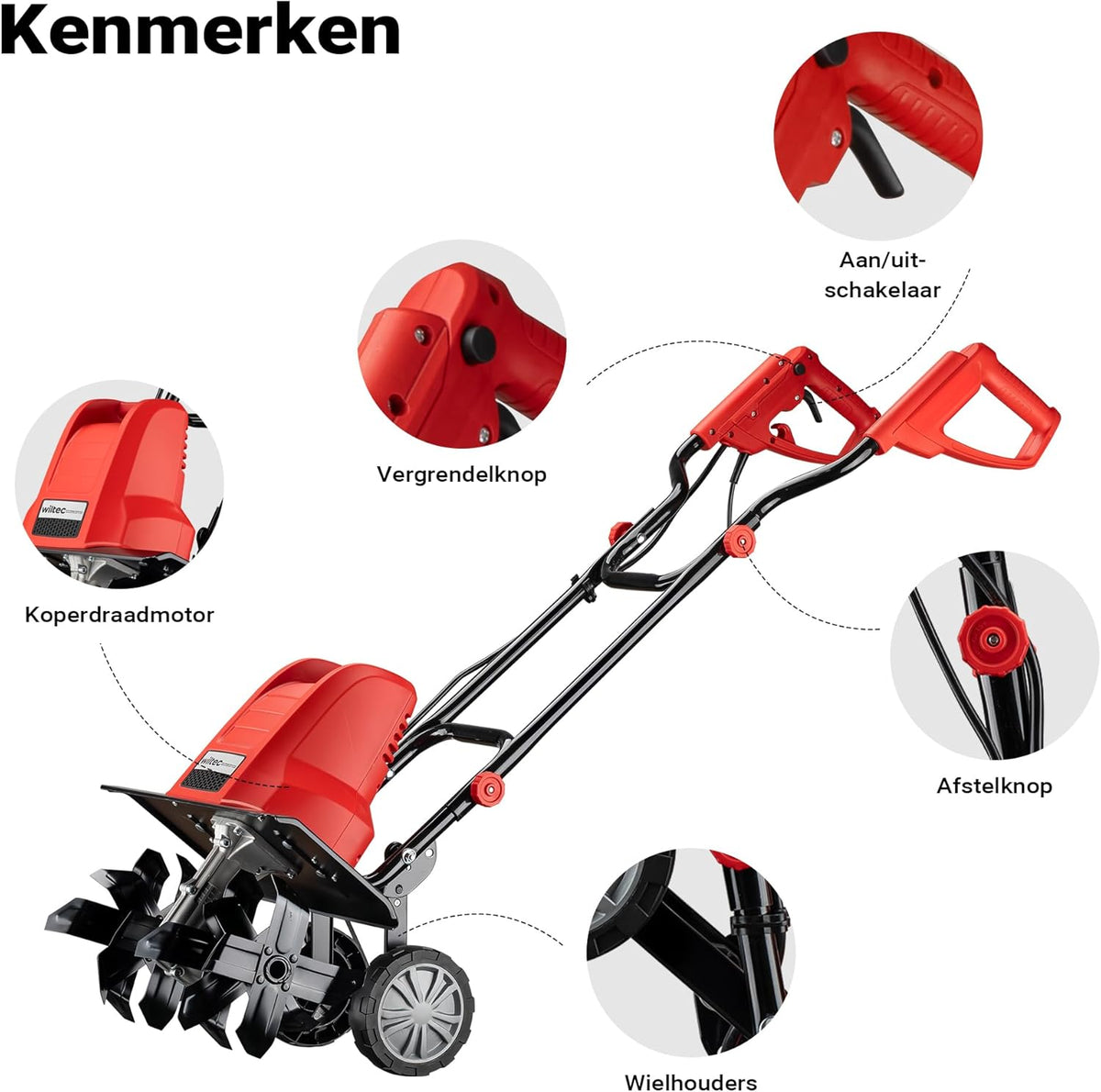 Wiltec elektrische tuinfrees 1500 W, grondfrees met 400 toeren per minuut, grondfreesmachine met 220 mm werkdiepte, bodemfrees voor tuinwerkzaameden, freesmachine voor tuin en grond, cultivator