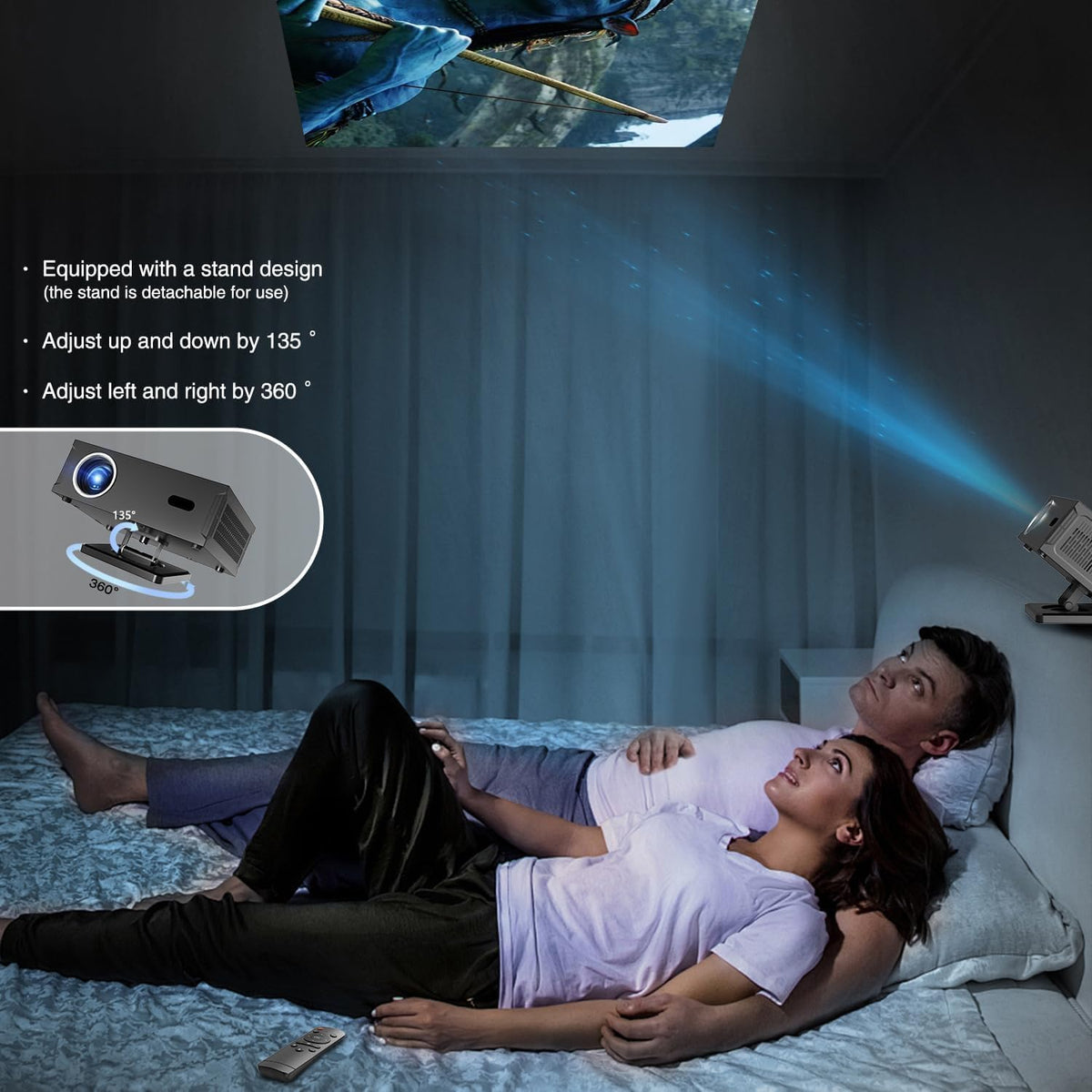 beamer Full HD 1080P Ondersteuning 4K, Smart Projector 4K met WiFi 6 BT 5.0, Mini beamer Ondersteunt Automatische Horizontale Keystone Correctie en Remote Focus