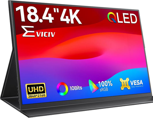 Draagbare Monitor QLED 4K 18.4 Inch EVICIV Mobiel Display met UHD 3840 * 2160 1500:1 IPS Scherm USB C Mini HDMI voor Laptop PC Xbo, VESA-monteerbaar
