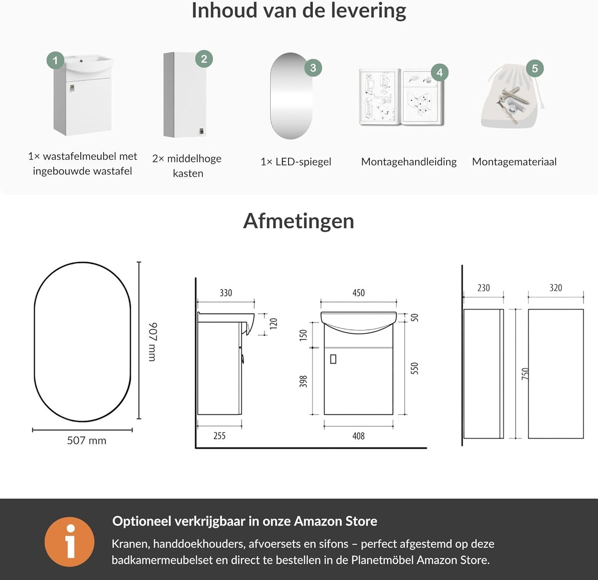 Planetmöbel Bathroom Cabinet Set Wash Basin with Bath Furniture 45 x 60 x 33 cm, Mirror with Lighting 50 x 90 cm, 2X Midi Cabinets for Bathroom & Guest Toilet, White - QUORE