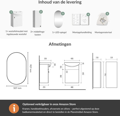 Planetmöbel Bathroom Cabinet Set Wash Basin with Bath Furniture 45 x 60 x 33 cm, Mirror with Lighting 50 x 90 cm, 2X Midi Cabinets for Bathroom & Guest Toilet, White - QUORE