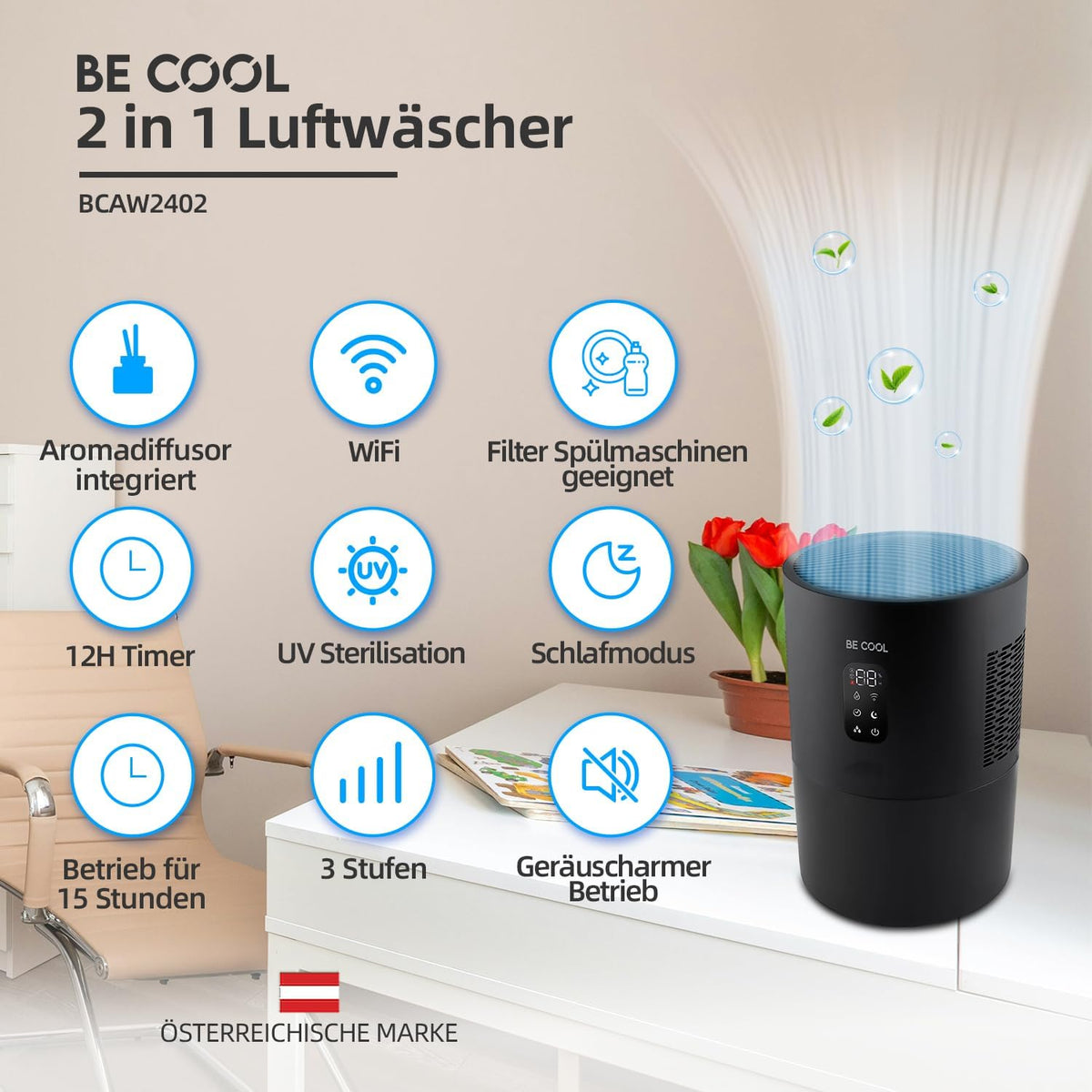 2-in-1 Luchtreiniger En Luchtbevochtiger – Luchtzuiveraar, Luchtwasser, Airwasher, Verdampingsbevochtiger – UV-Sterilisatie En 3 Luchtvochtigheidsniveaus