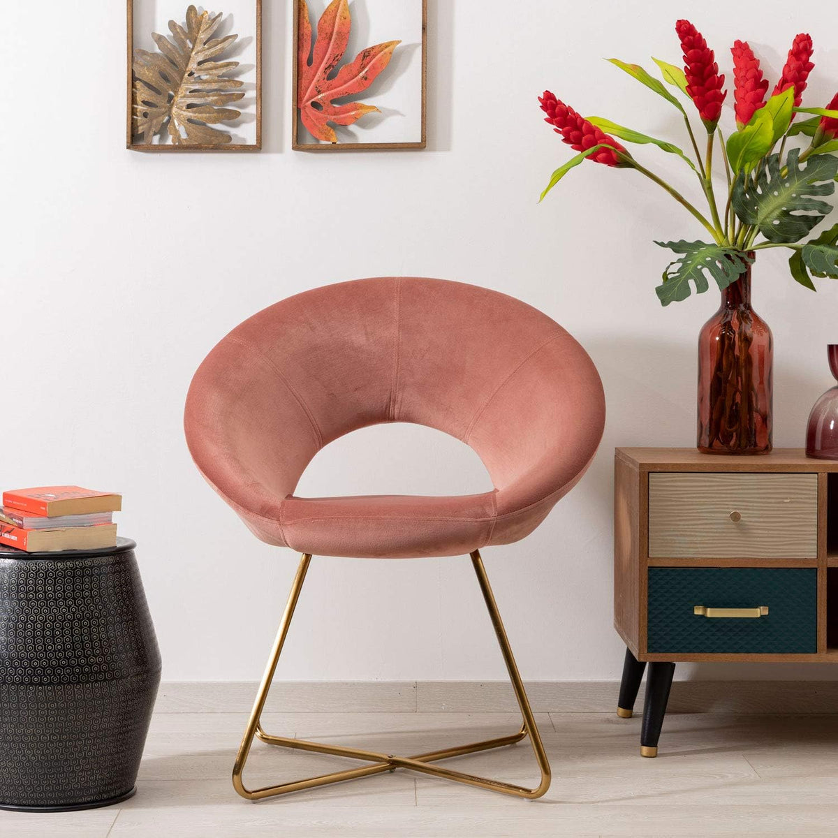 Montemaggi Fluwelen stoel met gouden poten, cirkelvormig, bureaustoel, woonkamerstoel, ergonomische stoelen, 71 x 59 x 84 cm, poederroze