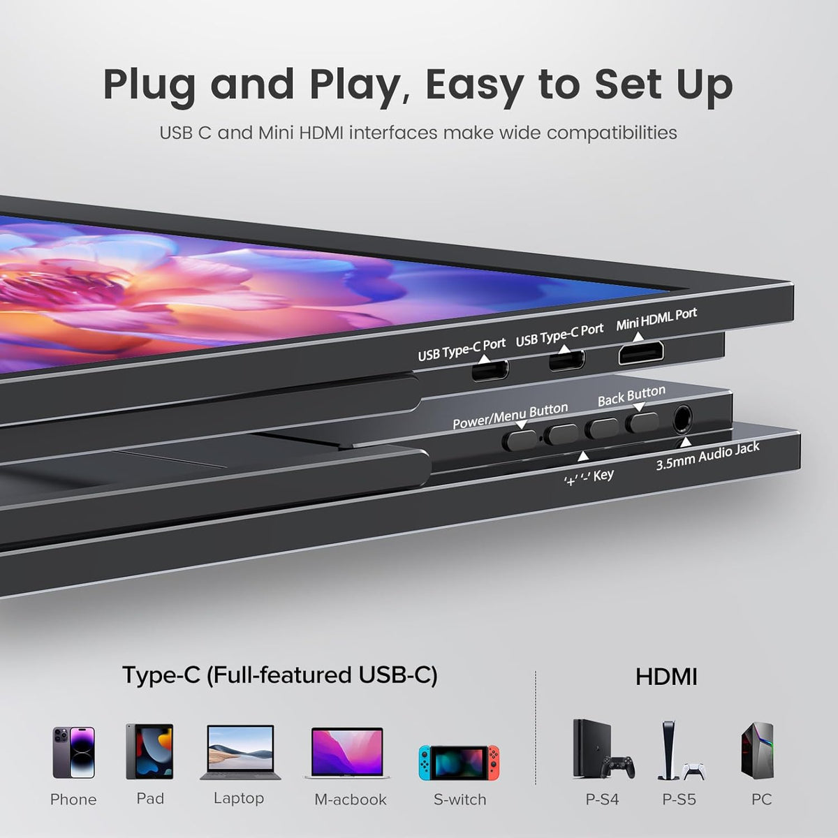 EVICIV Portable Monitor 17.3 Zom 2K 144Hz GroBer Portable Screen 100% DCI-P3 450Nits 1500:1 Gaming Display USB C Mini HDMI with VESA & Stand for Laptop PC Handy P-S4/5 Xbo - QUORE