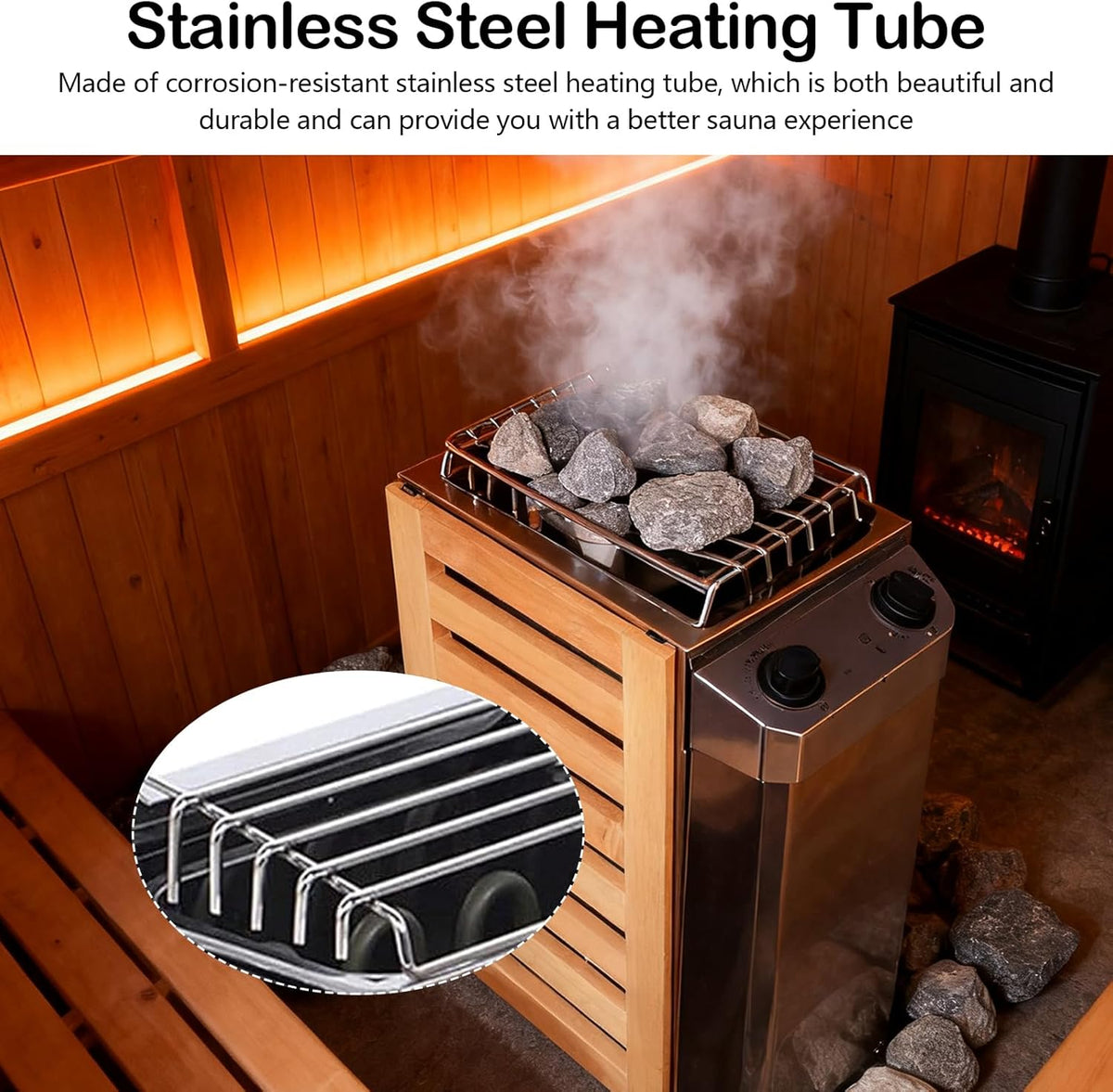 Saunakachel, draagbare elektrische oven, 3,6 kW, van roestvrij staal, met interne besturingen, voor binnen en buiten, met timer 3 uur en digitale bediening voor sauna, 3-6 m³, accessoires voor