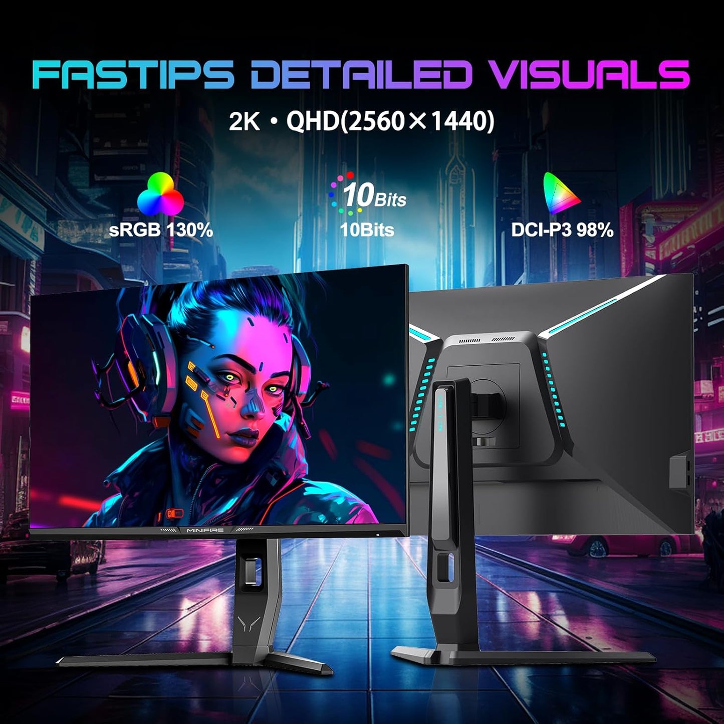 Minifire 27 gaming pc-monitor, 260 Hz, Fast IPS gaming-monitor, QHD 2K 2560 x 1440p, 1 ms, wit display, Freesync, 130% sRGB, HDR10, zwak blauw licht, VESA 100 x 100, 2 x DP1.4/2×HDMI 2.0 - zwart