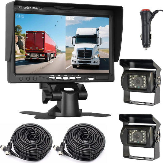 12V-24V 4Pin Omkeren Backup Achteruitrijsysteem 7 inch TFT LCD HD Monitor met Zonnescherm Beugel 2x 18LEDs IR Nachtzicht Waterdichte Reverse Camera voor RV/Bus/Trailer/Truck
