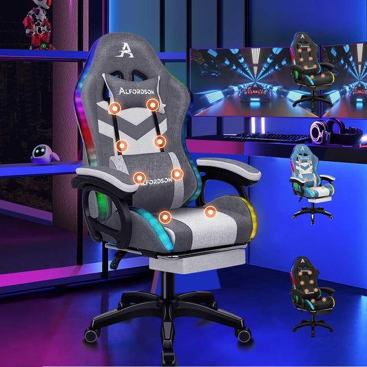 ALFORDSON Gaming Chair with 8-Point Massage, 12 Colours RGB LED Light, Ergonomic Office Chair with Footrest, Headrest and Lumbar Cushion for Kids and Adults, Fabric, Grey Stitching - QUORE