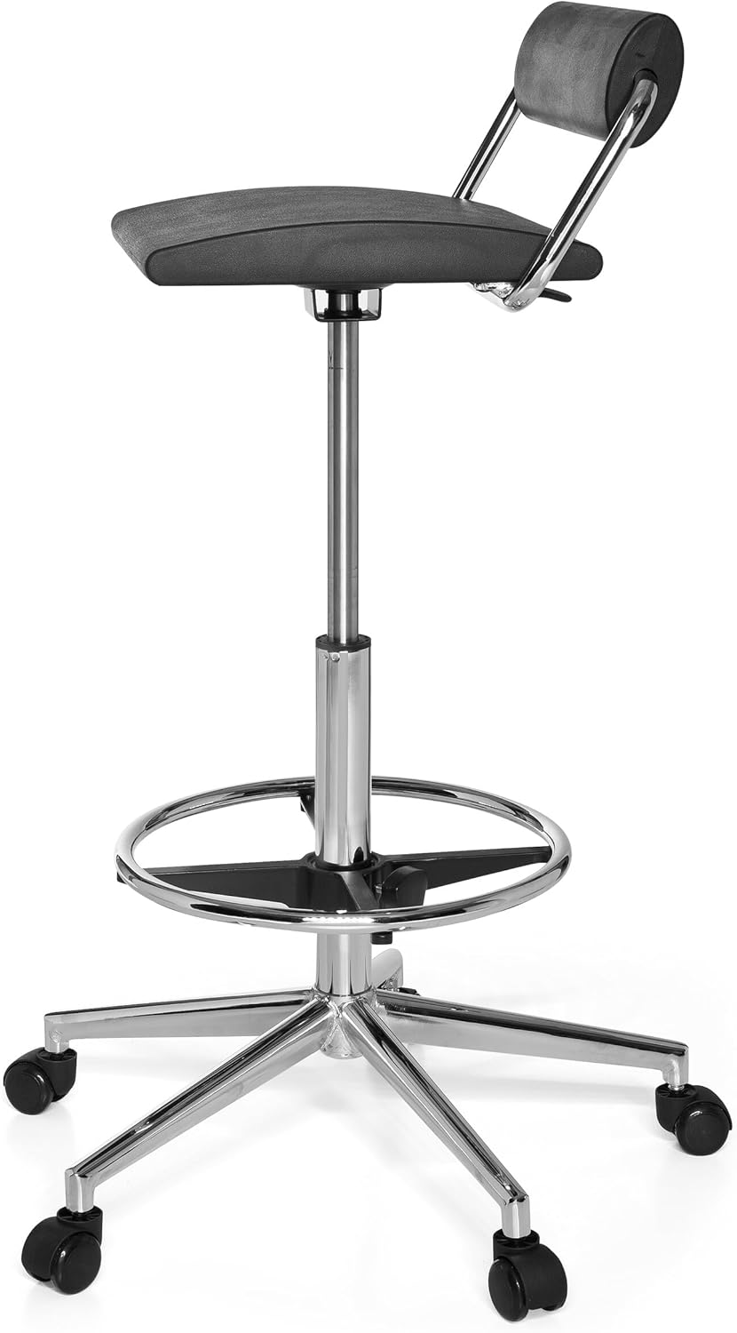 hjh OFFICE 665170 Counter Chair TOP Work 28 Schuim Zwart hoge Rise Task Stoel met rugleuning Massief Verchroomd Staal Base Ring voetsteun