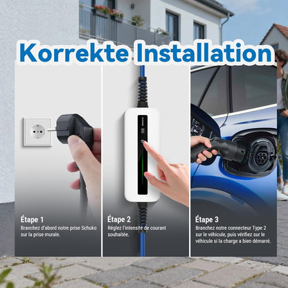 Type 2 EV-oplader, Modus 2 10/16A Oplaadkabel elektrische auto met Schuko-stekker voor IEC 62196-2 standaard Electrisch voertuig (6m kabel, 220-240V, Max 3.6kW)