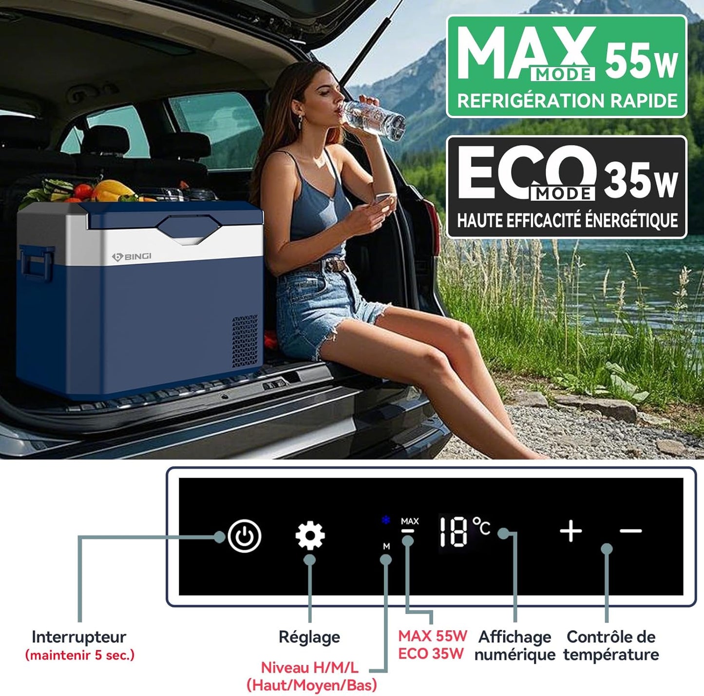 BINGI Compressor Koelbox, 30 Liter Draagbare Auto Koelkast, 12/24 V DC en 230 V AC, Mini-koelkast Voor Auto, Vrachtwagen, Camping, Camper en Thuis