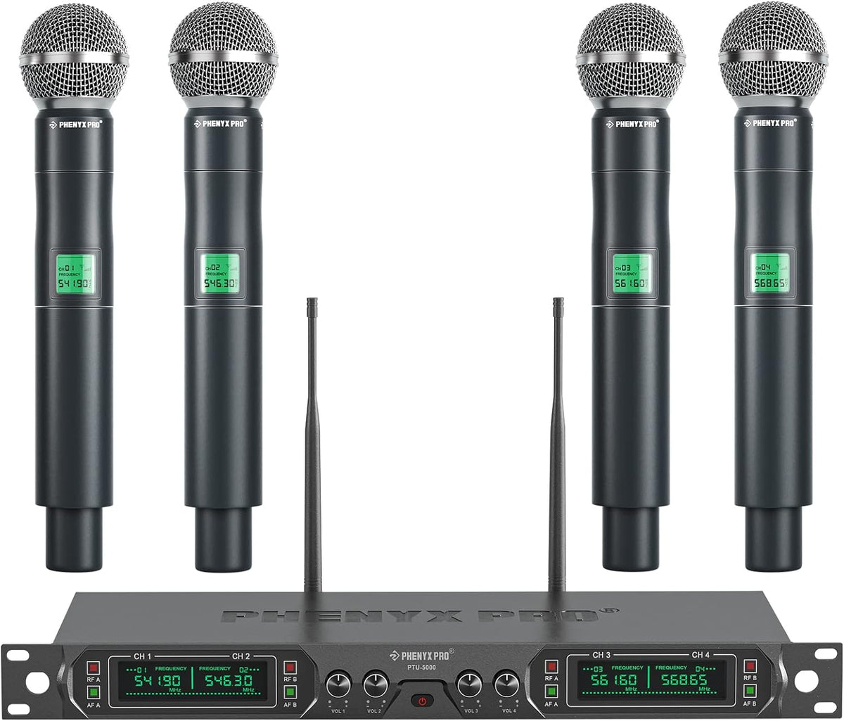 Phenyx Pro Draadloos microfoonsysteem, 4-kanaals UHF draadloze microfoonset met vier handmicrofoons, volledig metalen constructie, vaste frequentie, gebeurtenissen (PTU-5000A)