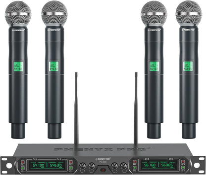 Phenyx Pro Draadloos microfoonsysteem, 4-kanaals UHF draadloze microfoonset met vier handmicrofoons, volledig metalen constructie, vaste frequentie, gebeurtenissen (PTU-5000A)
