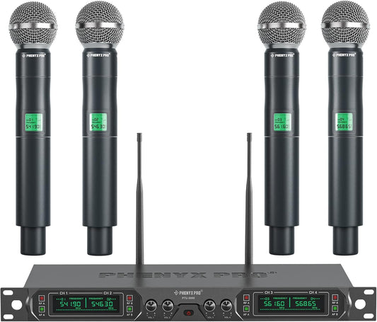 Phenyx Pro Draadloos microfoonsysteem, 4-kanaals UHF draadloze microfoonset met vier handmicrofoons, volledig metalen constructie, vaste frequentie, gebeurtenissen (PTU-5000A)