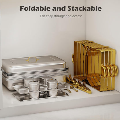 4-pack roestvrijstalen schaafschalen voor buffet, 9 QT-capaciteit voedselverwarmers voor feesten, bruiloften, evenementen hosting, familiebijeenkomsten, volledige set cateringserver met serveergerei
