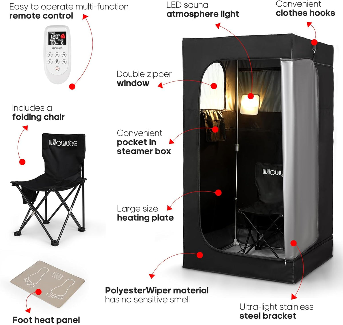 WillowyBe Portable Infrared Sauna for Home with 6 Heating Plates, Sauna Tent, Foot Heating Pad and LED Warm Light, Dry Infrared Sauna for the Whole Body, Personal Home Spa - QUORE