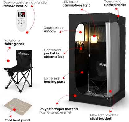 WillowyBe Portable Infrared Sauna for Home with 6 Heating Plates, Sauna Tent, Foot Heating Pad and LED Warm Light, Dry Infrared Sauna for the Whole Body, Personal Home Spa - QUORE