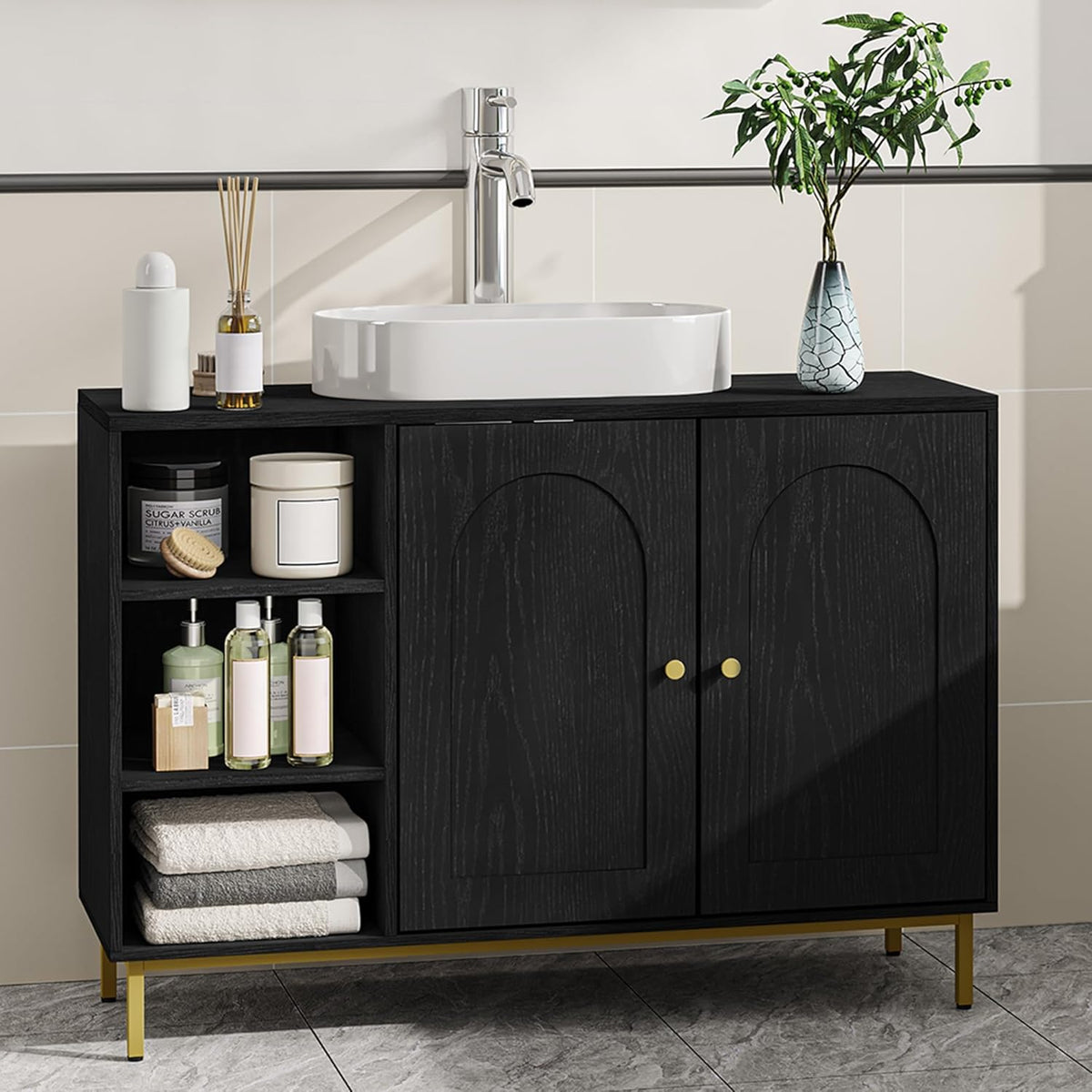 Hzuaneri Washbasin Unit, Bathroom Furniture, Under Cabinet, Extra Long, with Open Compartments and 2 Doors, Adjustable Shelf, Freestanding, For Bathroom, Black 30 x 90 x 63 cm BC09804G