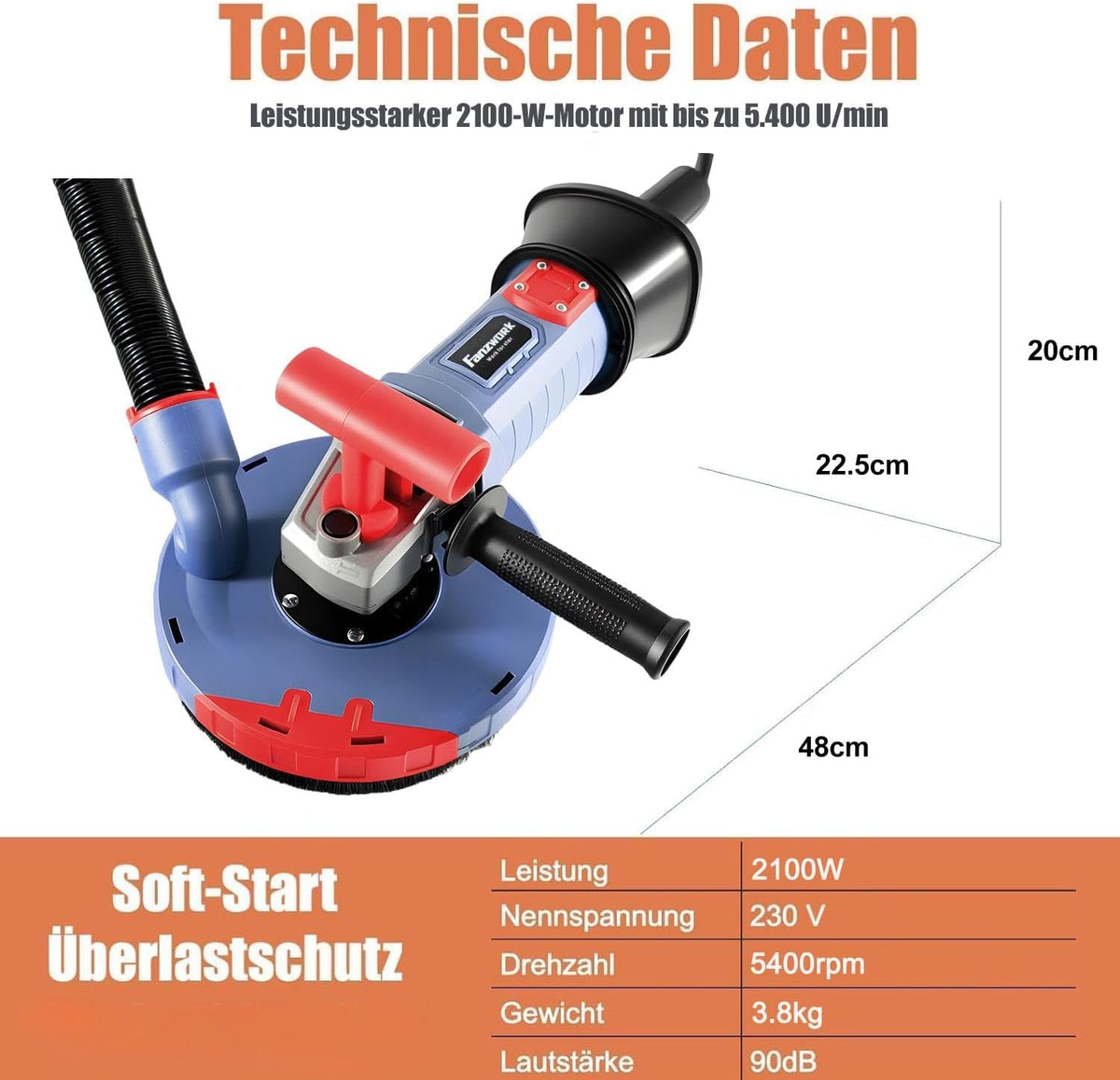 FANZWORK 2100 W/180 mm betonschuurmachine, betonfrees, incl. premium 180 mm diamantslijpkop *2, afzuigkap, T-vormige handgreep