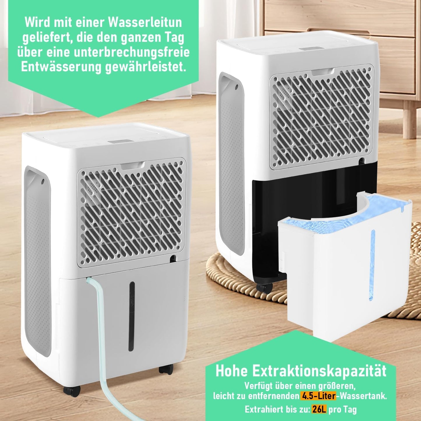 Luchtontvochtiger 26 liter in 24 uur, ontvochtigingscapaciteit: ca. 30 ~ 50 m², led-display met timerfunctie