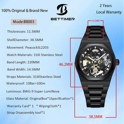 Automatisch herenhorloge, skelet, automatisch uurwerk, precisie (38,5 mm), van 316L staal, waterdicht 10 ATM, krasbestendig saffierglas