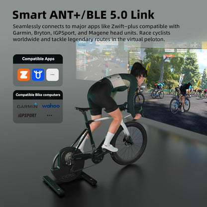 CYCPLUS R200 Smart Indoor Bike Trainer, 2200 W borstelloze motor, 19% gradiëntsimulator, BLE & ANT+ Dual Mode, Virtueel schakelen, Simulatie bergopwaarts en bergafwaarts, super stilte voor realistisch