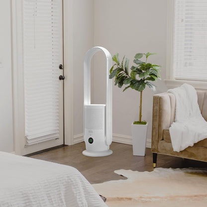 djive ARC draadloze ventilator 2in1 mobiele torenventilator & luchtreiniger, 6 uur batterij, draagbare, rotorloze standventilator met 9 snelheden, stil, met afstandsbediening, app, Alexa, H14, wit