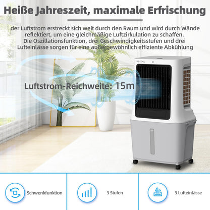 BE COOL BC30ACP2501W Luchtkoeler, waterreservoir van 30 liter, 120 W, wifi-bediening, 1800 m³/h luchtcirculatie, 15 m bereik, droogluchtfunctie, led-display, timer, afstandsbediening