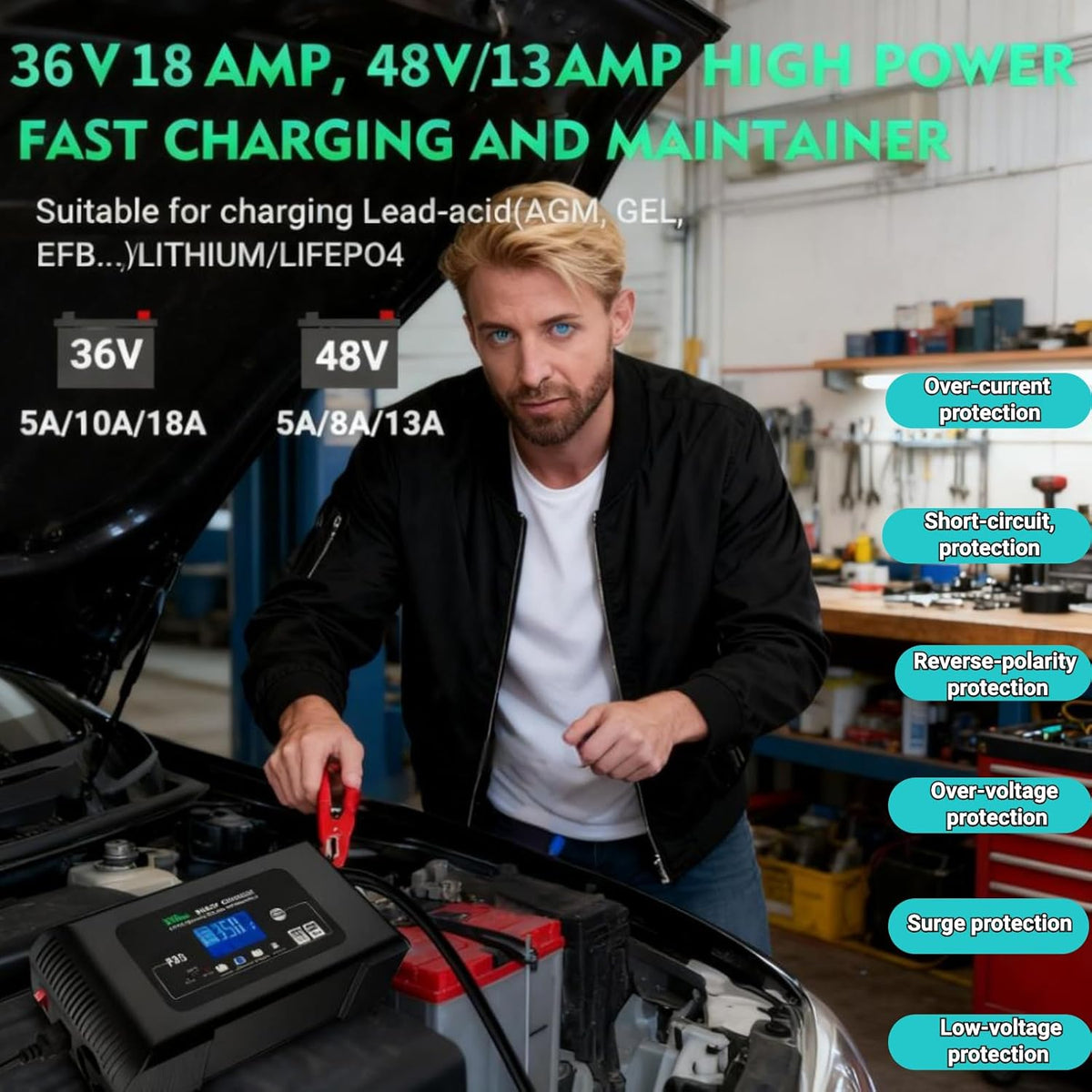 36V/48V Acculader – Batterijoplader – Onderhoudslader – Slimme Acculader – Auto Acculader – 18A Snel Laden – Impulsreparatie & Automatische Accutest