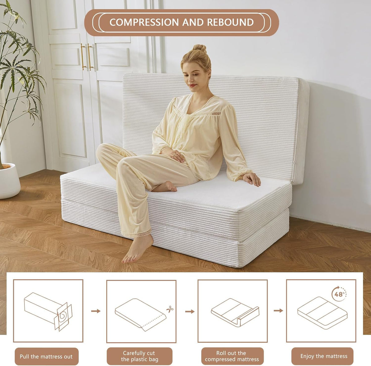 MAXYOYO Opvouwbare corduroy matras, drievoudig vloermatras 15 cm dik met wasbare hoes, opvouwbaar in drie, ruimtebesparend voor gasten (beige, eenpersoons)